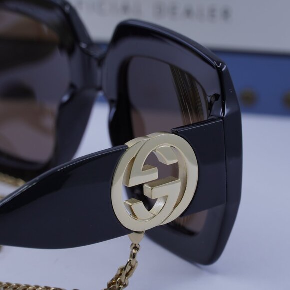 Gucci GG1022S 005 Square Sunglasses - Black/Brown with Gold Chain - Picture 5 of 11